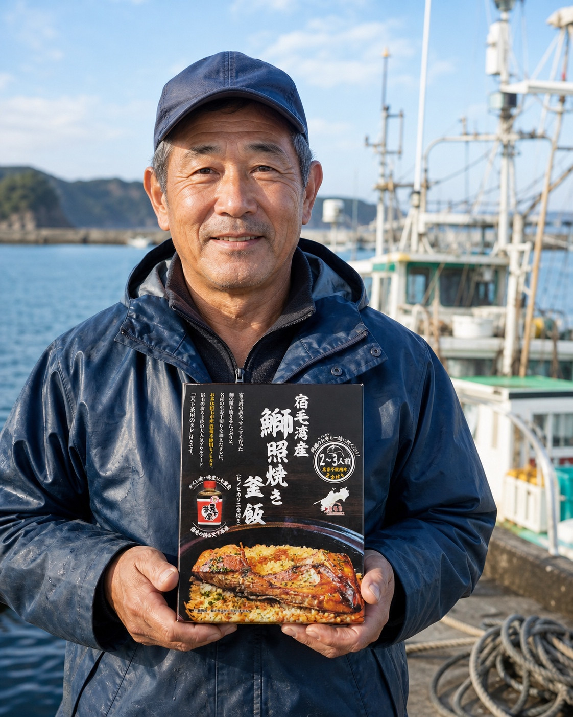 自社商品を手にする漁師